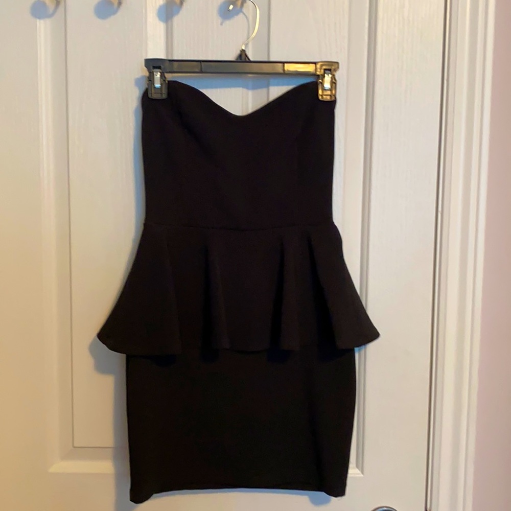 Black strapless peplum mini dress